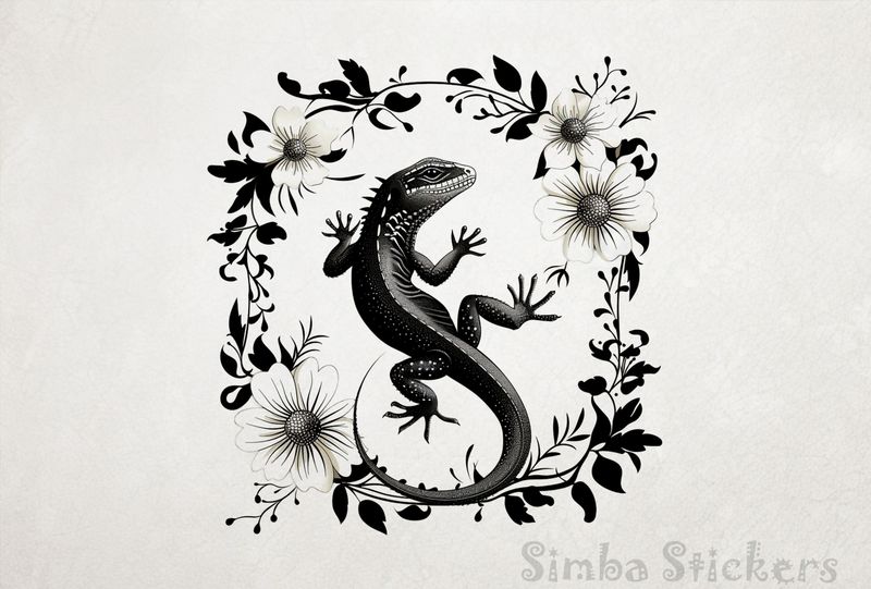 Lizard framed by white flowers, outline art
