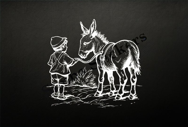 Donkey led on a rope by a small boy in a hat, outline art