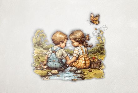 Boy and girl in love, in a stream, watercolour