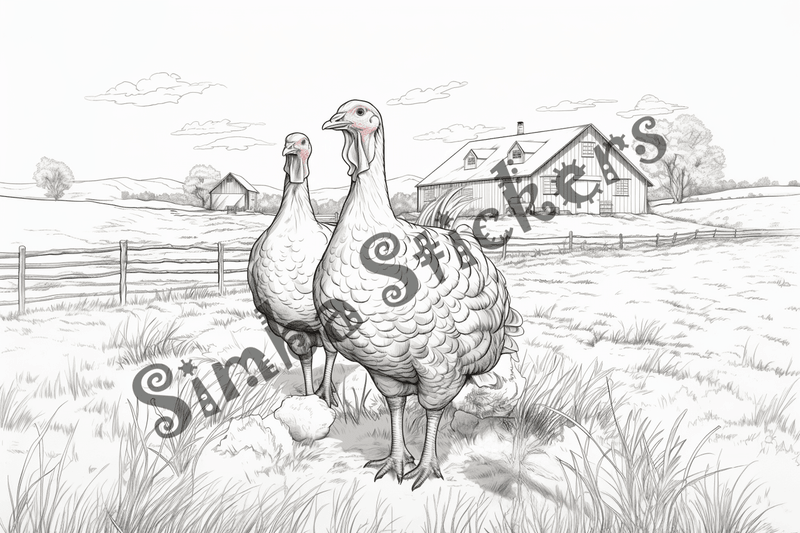Colouring pages, bundle of turkeys on a farm, 10 images