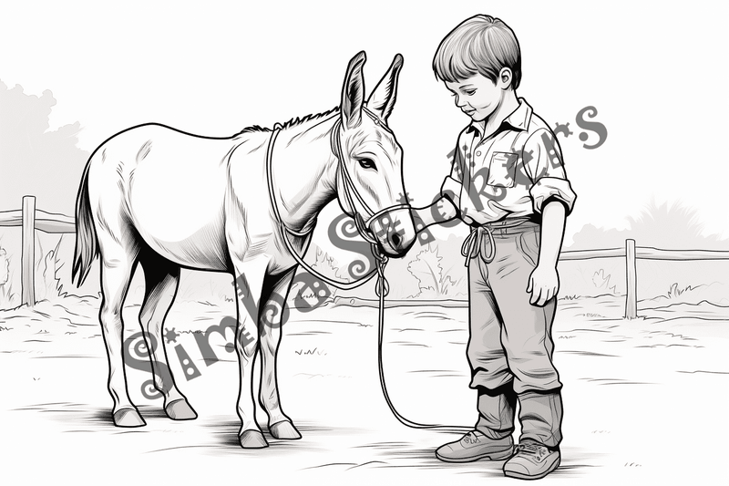 Colouring pages, bundle of mules with children, 10 images