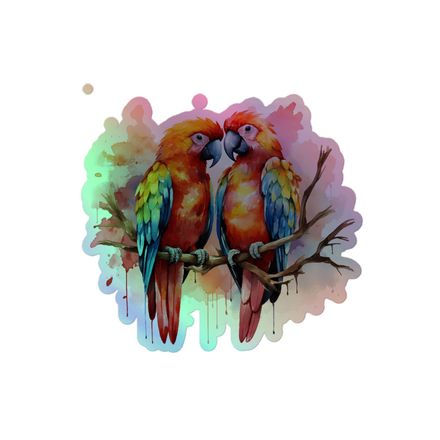 Kiss-Cut Holographic Sticker, Parrots in love perching nose-to-nose in pinkish background, cpi3i9