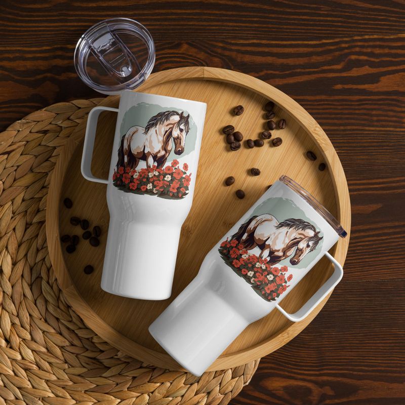 Travel Mug, Cattle, Brown horse in field of red flowers, n4w2fj