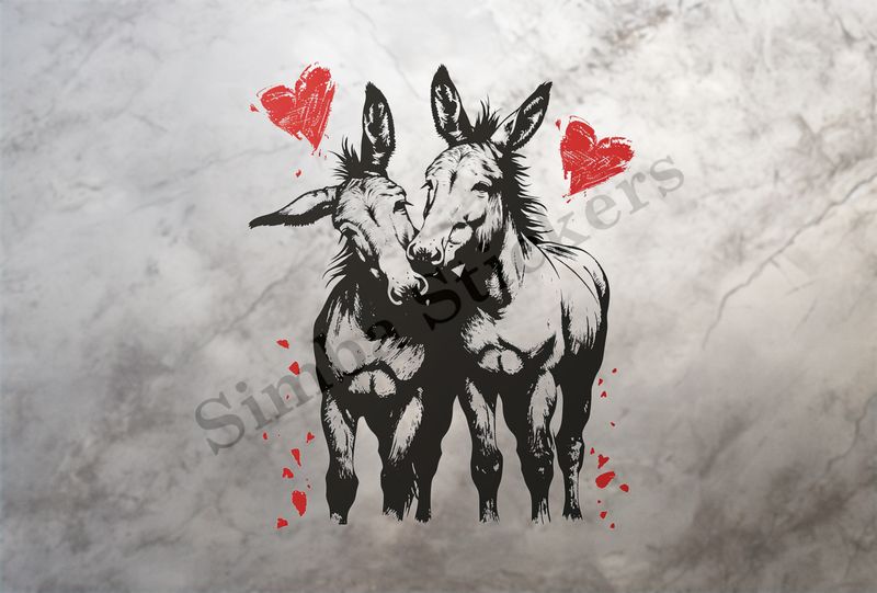 Donkeys in love, nose-to-nose, hearts in picture, outline art