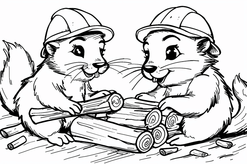 Colouring pages, bundle of beavers building in hard hat, 10 images