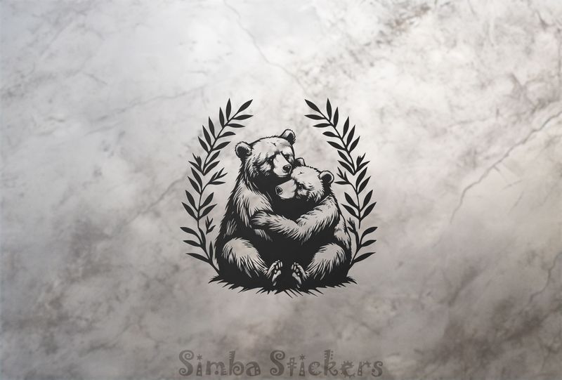 Bears in loving embrace in laurel wreath, outline art, ycthxg