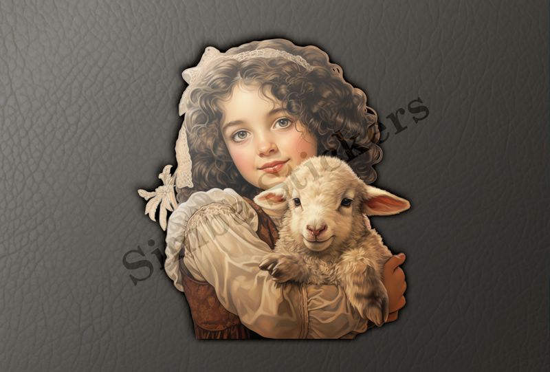 Cute lamb in the arms of Mediterranean girl with laced hair, vintage