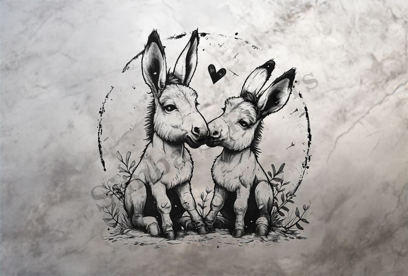 Donkeys in love, nose-to-nose, sitting, outline art