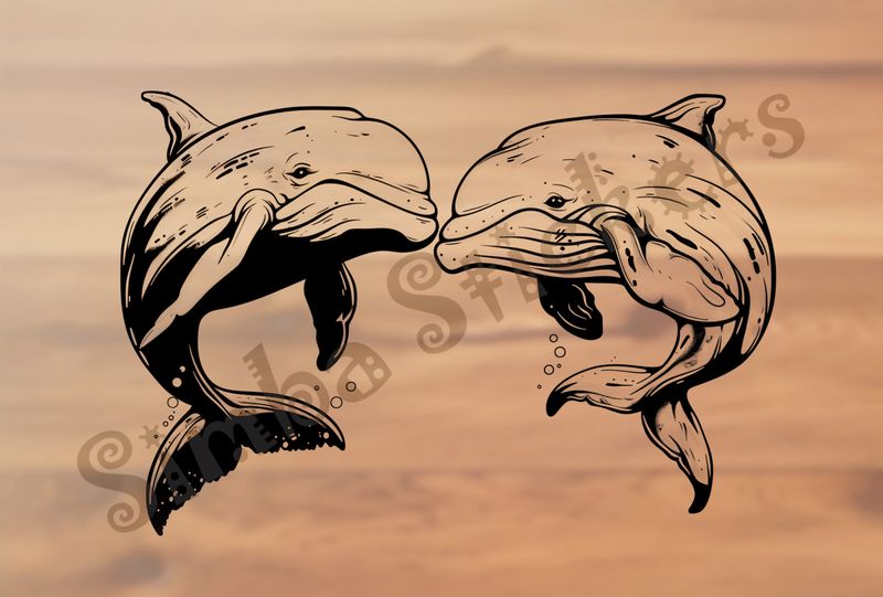 Whales nose-to-nose in love, under water, outline art