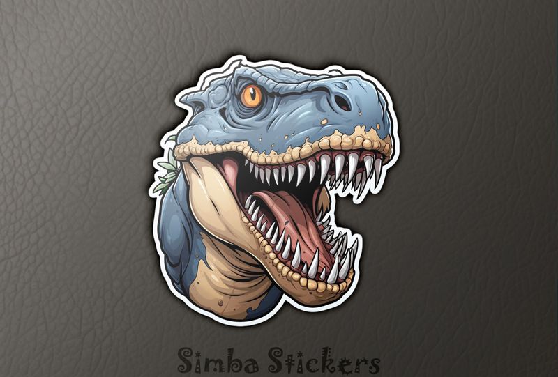 Bluish dinosaur showing large teeth