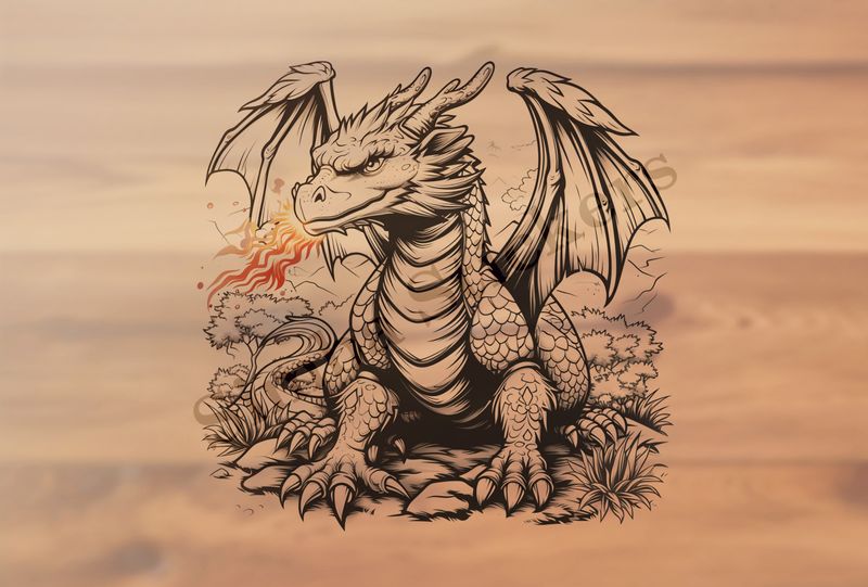 Dragon breathing fire, bushy background, wings outspread, outline art