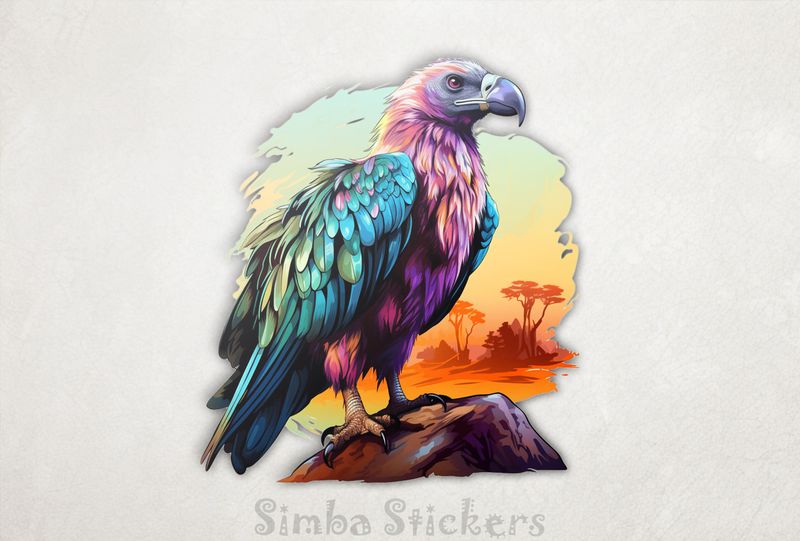 Groovy-coloured vulture perching on rocks, pndhbb