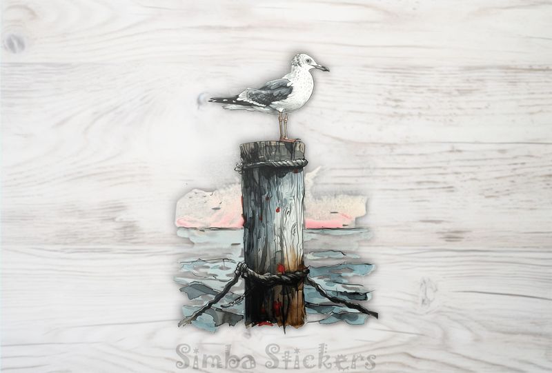 Seagull perching on a beach pole out in water, watercolour, oyljb0