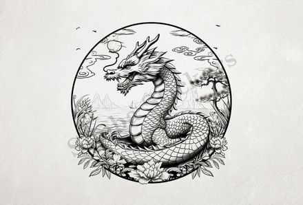 Chinese dragon on the edge of the sea, outline art