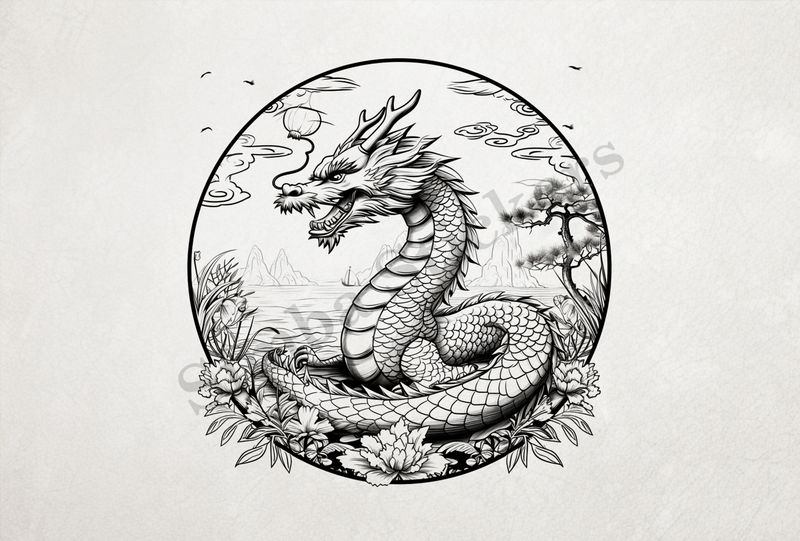 Chinese dragon on the edge of the sea, outline art