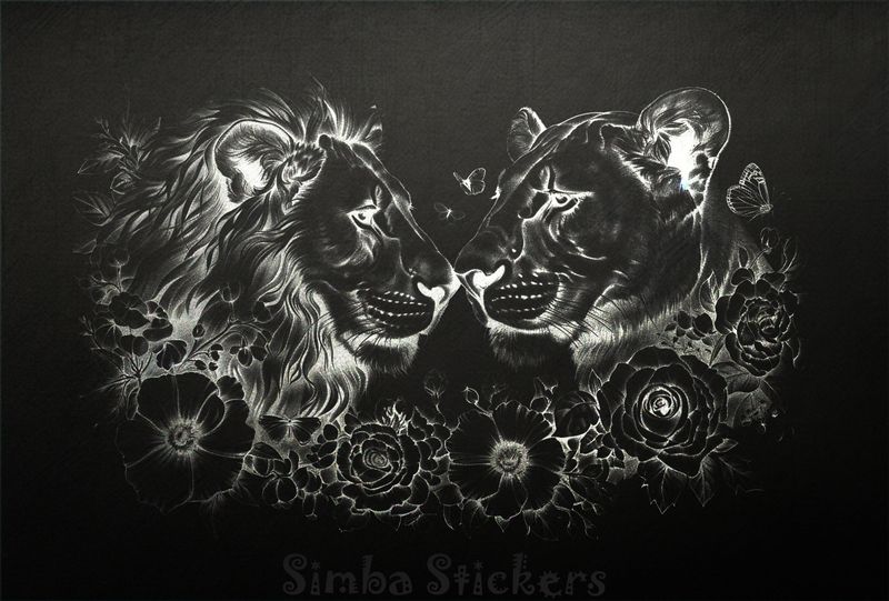Male with lioness among flowers, outline art, nqgi2b