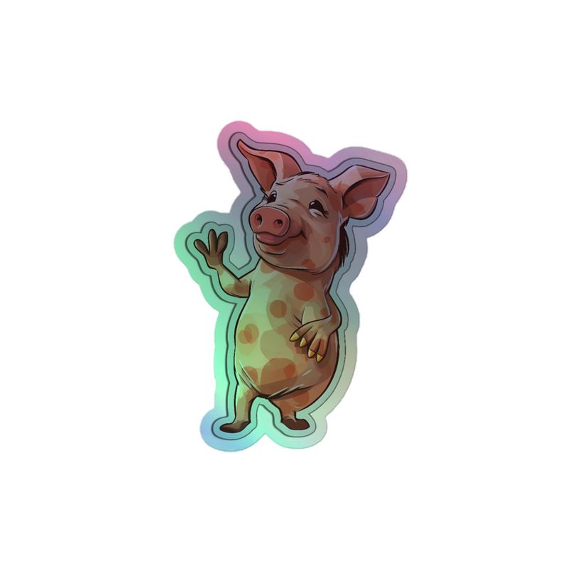 Kiss-Cut Holographic Stickers,  Standing pig waving, multiple sizes, mirrored