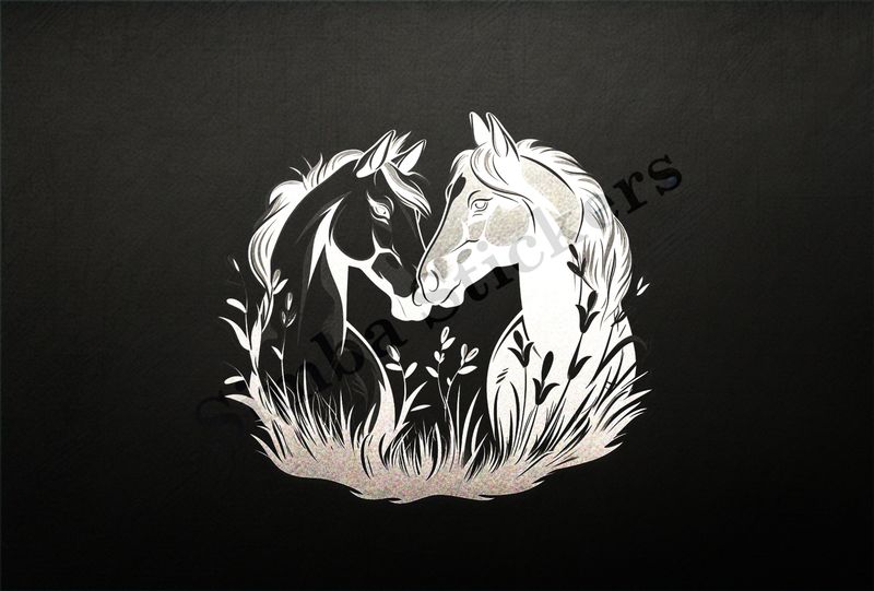 Horses in love, black and white, bust, in heart frame, outline art