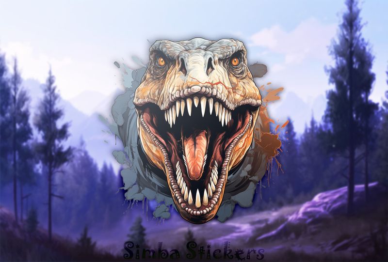 Dinosaur with mouth wide open and bloodied upper lip