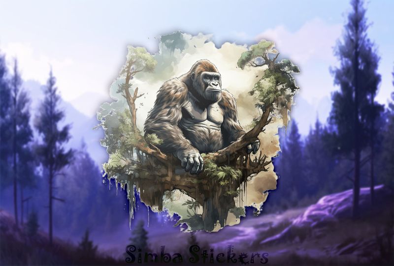 Gorilla thoughtfully sitting on a branch in a high tree, dx7sp5