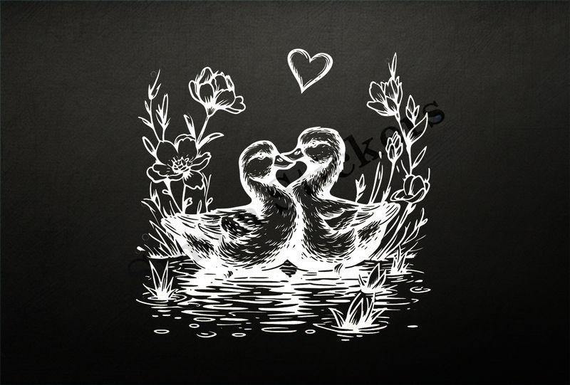 Ducks in love in a pond, outline art