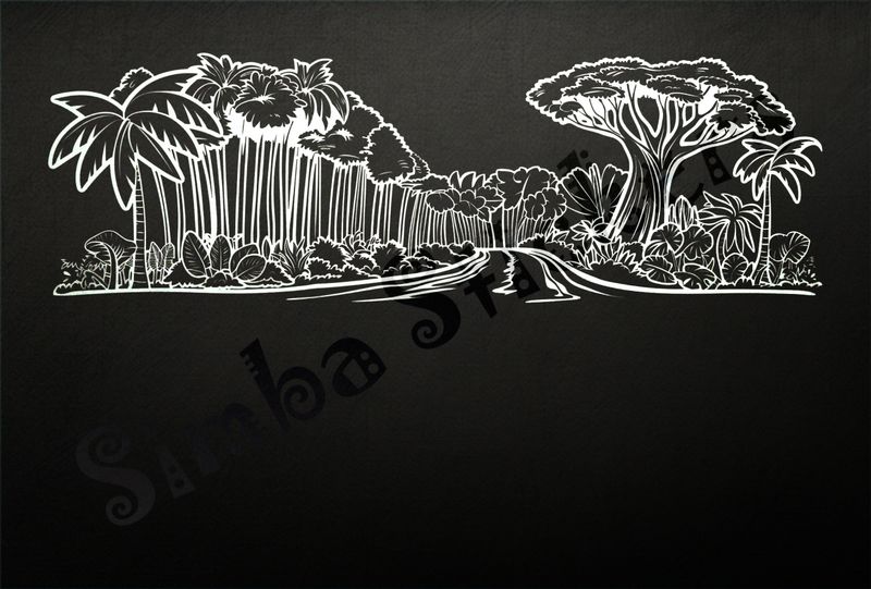 Equatorial Rainforest landscape, trees with large leaves, outline art