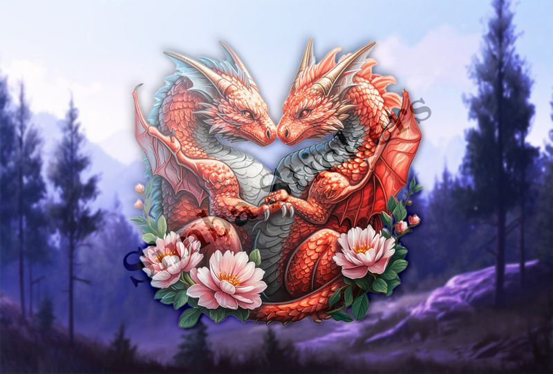 Red dragons in love, pink flowers, watercolour