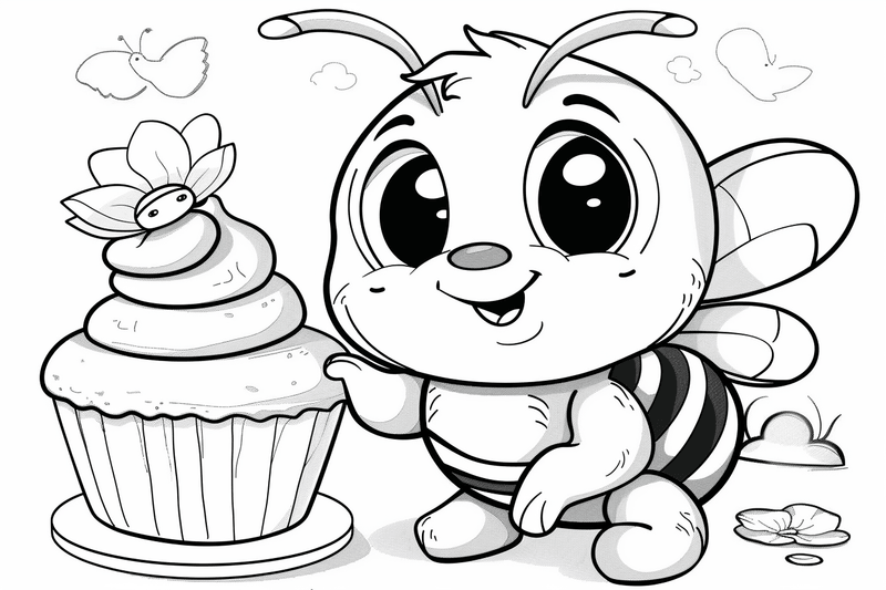 Colouring pages, bundle of bees around food, 10 images