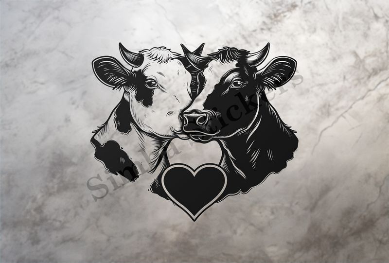 Cattle  cheek-to-cheek, heart in picture, outline art