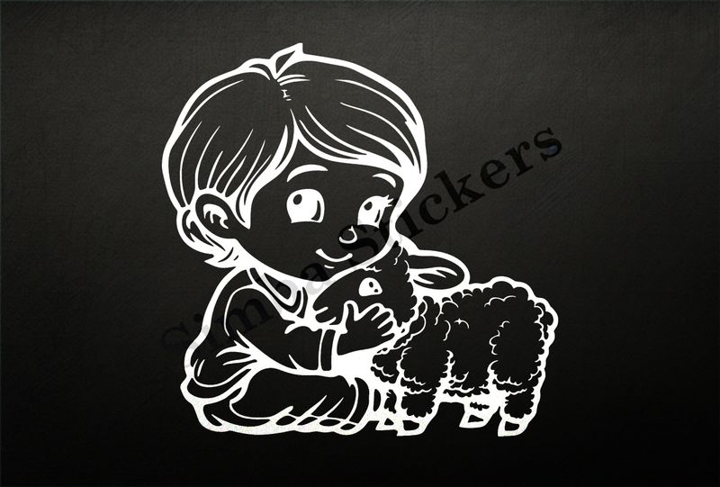 Lamb hugged by smiling little boy of Asian origin, outline art