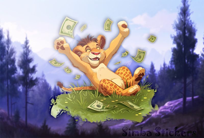 Simba Lion cub waving arms throwing money