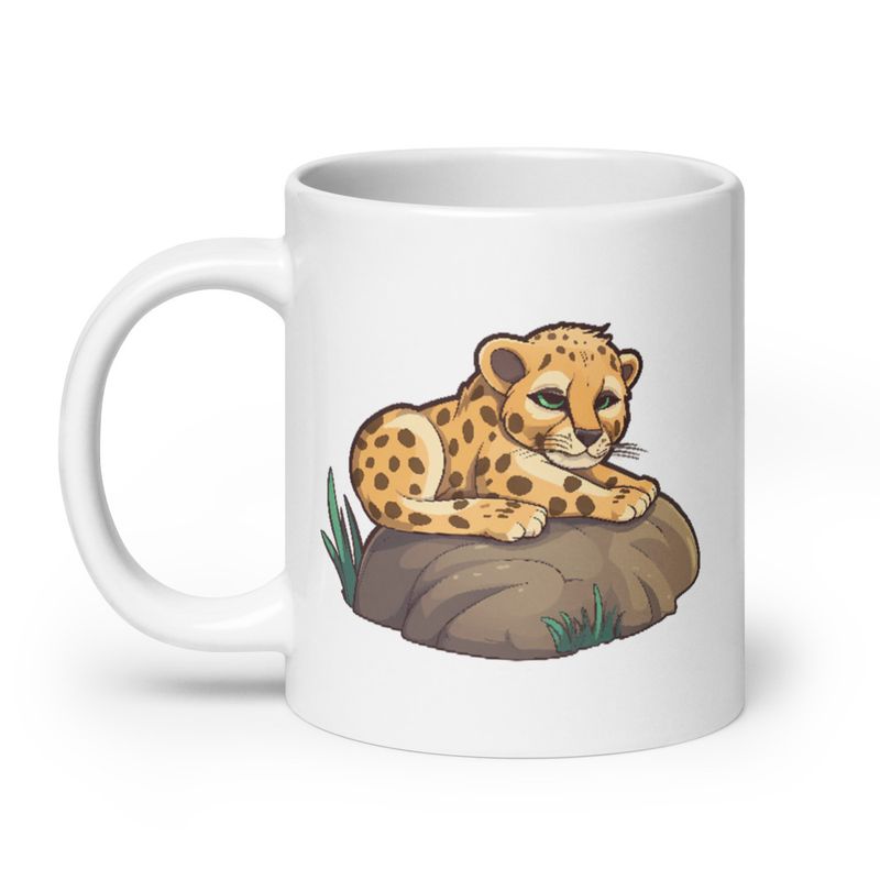 White Glossy Mug, 20oz, Baby cheetah on a rock, head-to-head