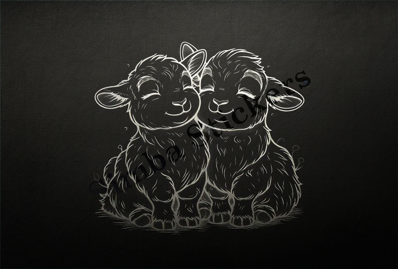 Goat kids cuddling cheek-to-cheek, outline art