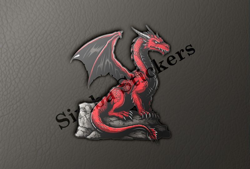 Red and black dragon perching on a rock