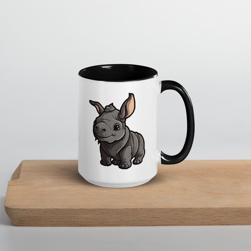 White Ceramic Mug with Color Inside, 11oz &amp; 15oz, Black rhino calf looking cute 