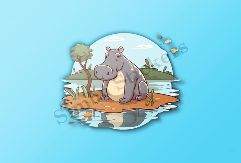 Cute hippo on an island in a pond