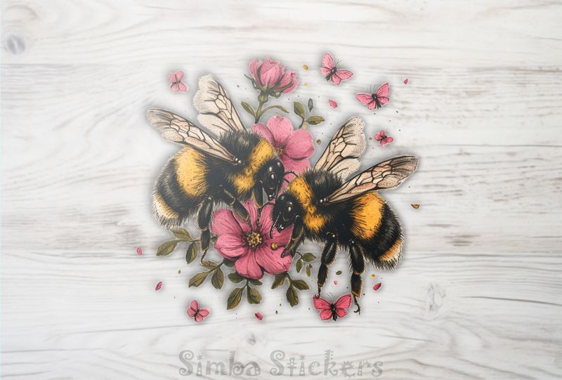 Bees in love buzzing around pinkish flowers, vintage style