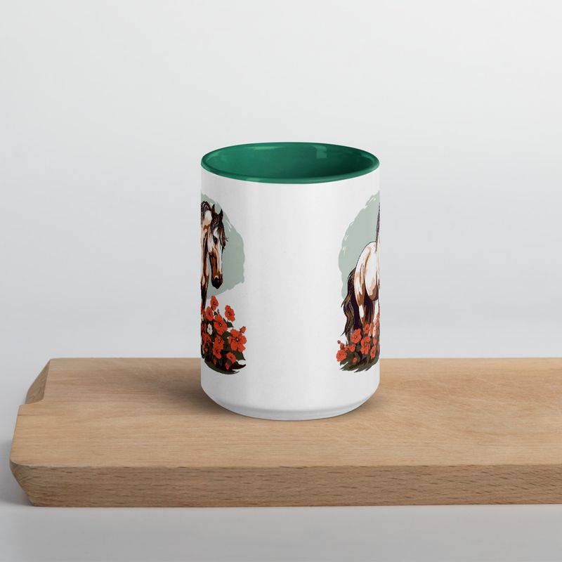 White Ceramic Mug with Color Inside, 11&amp;15oz, Brown horse in field of red flowers, n4w2fj