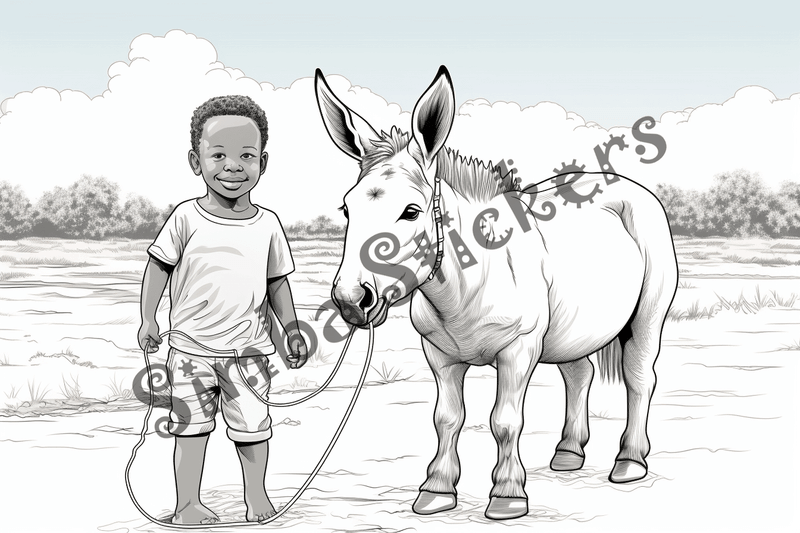 Colouring pages, bundle of donkeys carrying goods or people 10 images