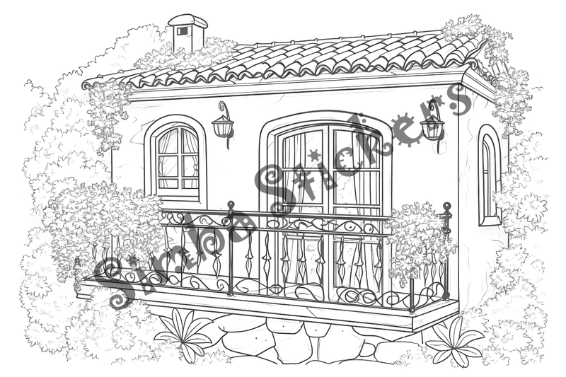 Colouring pages, bundle of houses, Mediterranean, 10 images
