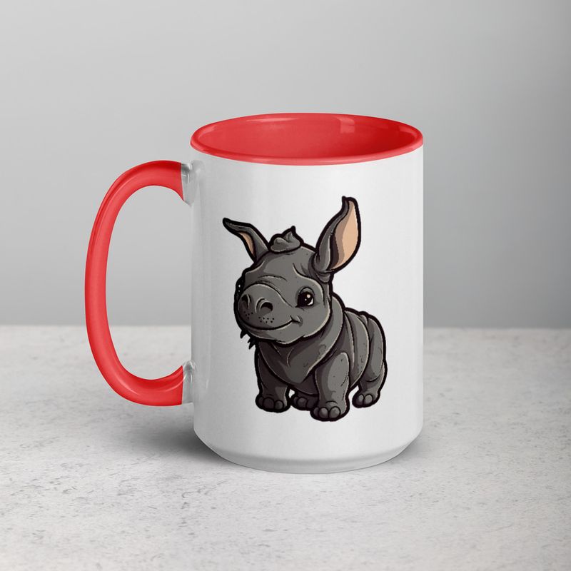 White Ceramic Mug with Color Inside, 11oz &amp; 15oz, Black rhino calf looking cute 