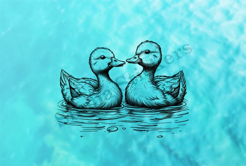 Ducks beak-to-beak in a pond, outline art