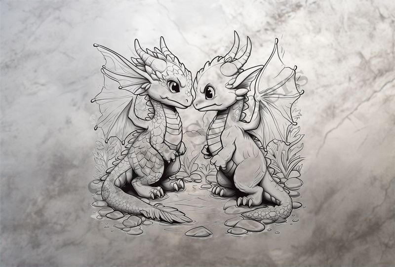 Baby dragons nose-to-nose in love, outline art