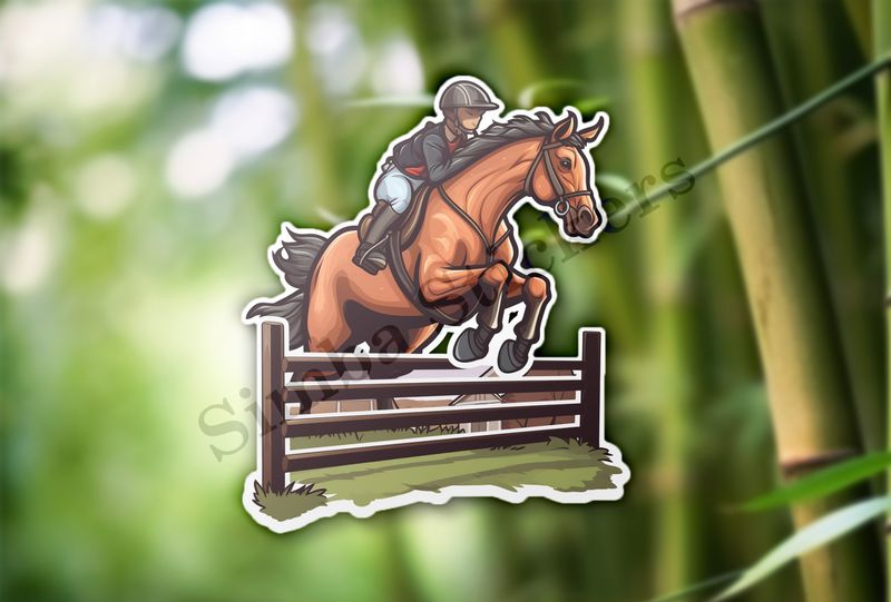 Brown horse with rider jumping over a fence
