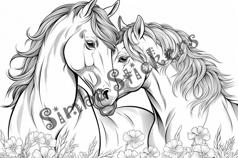 Colouring pages, bundle of horses in love, 10 images