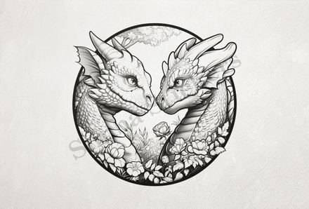 Dragons nose-to-nose in love, with flowers, in circle, outline art