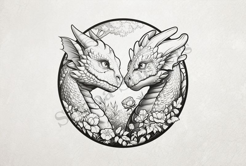 Dragons nose-to-nose in love, with flowers, in circle, outline art