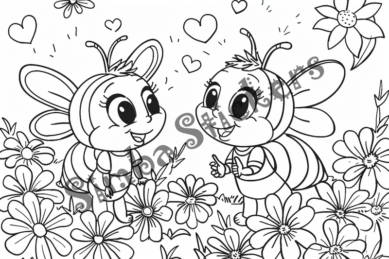 Colouring pages, bundle of bees in love, 10 images