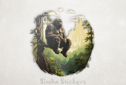 Gorilla thoughtfully sitting on a branch overlooking a lake, kcr3gw