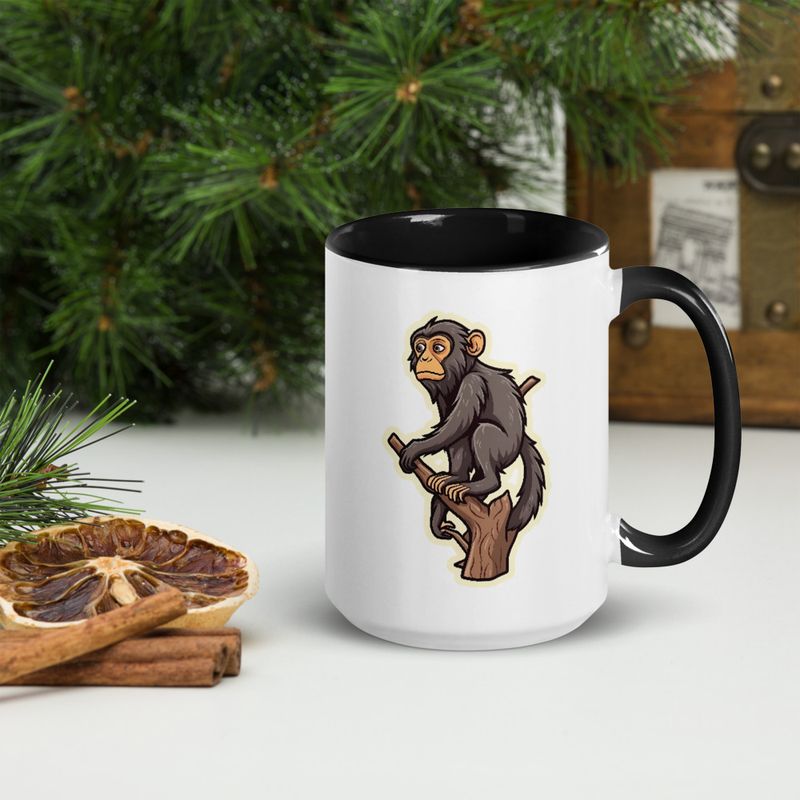 White Ceramic Mug with Color Inside, 11oz &amp; 15oz, Baboon on a tree, looking sad, head-to-head